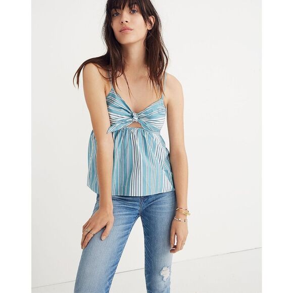Madewell Blue White Striped Tie-Front Keyhole Cami Tank Top | Size 00 - Picture 1 of 7